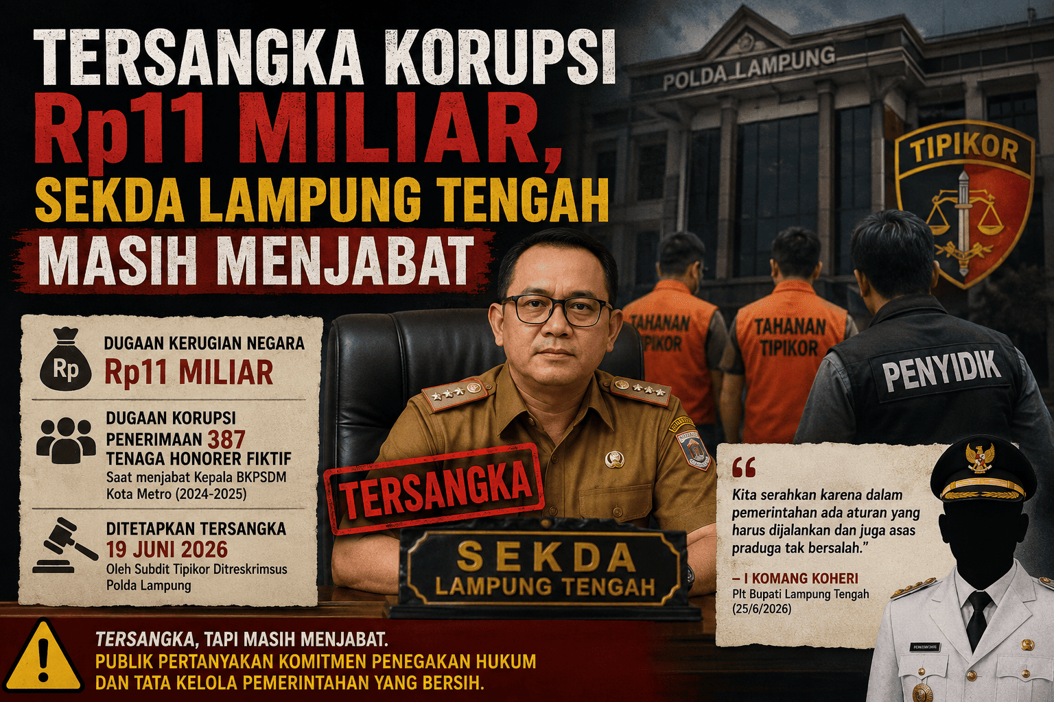 Tersangka Korupsi Rp11 Miliar, Sekda Lampung Tengah Masih Menjabat